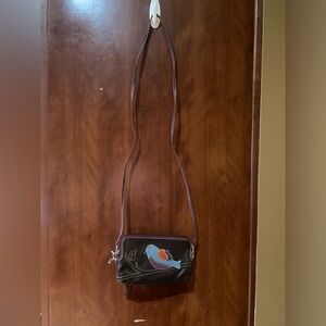 Relic Black Crossbody Bag with Blue and Orange Bird Appliqué